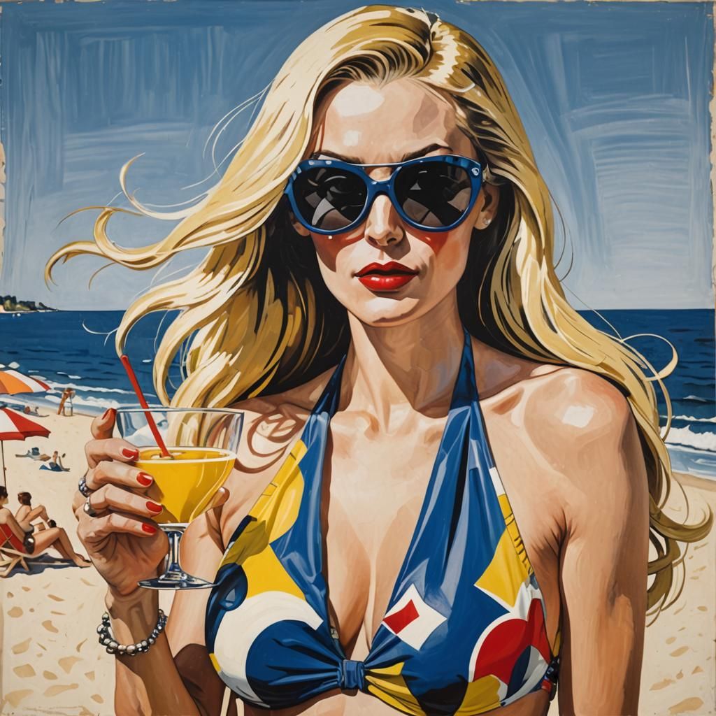 Pop Art Woman with Cocktail on Beach