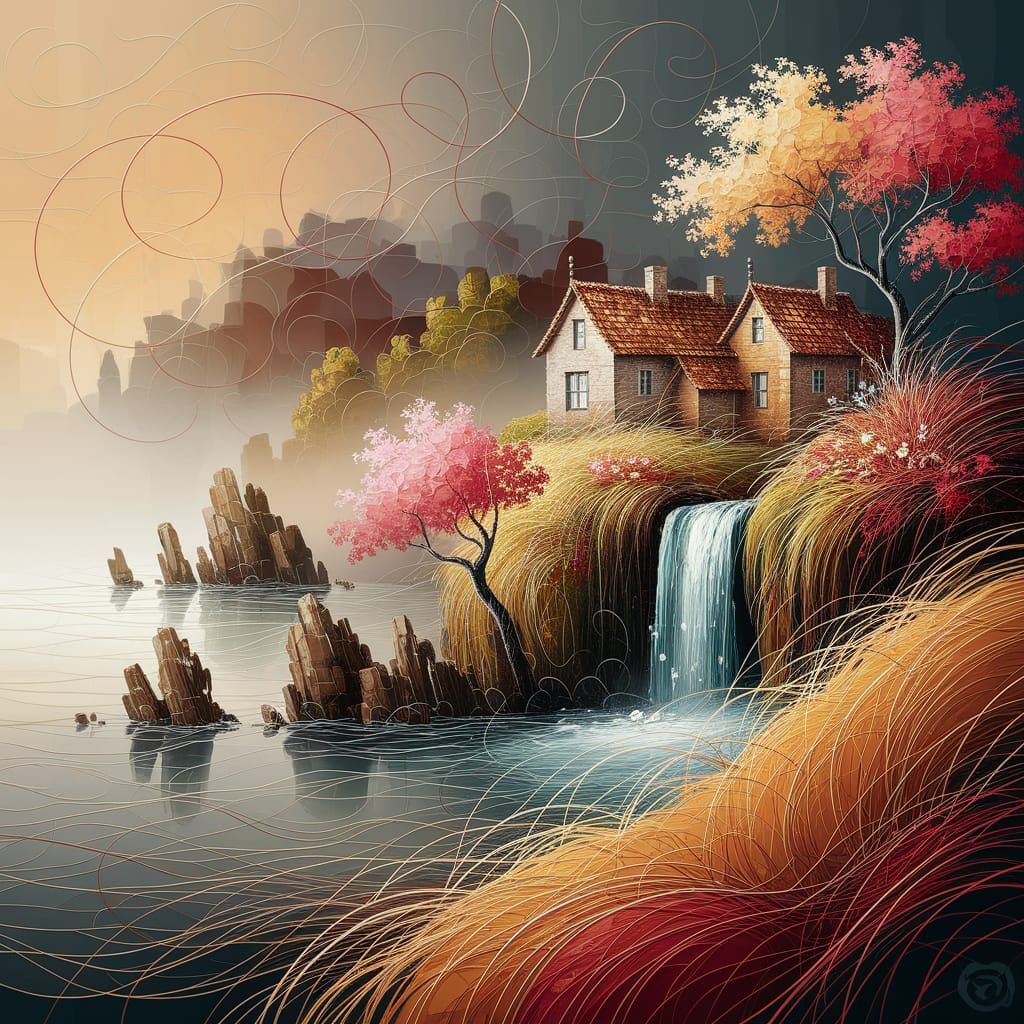 Crimson Misty Morning Seascape impasto painting