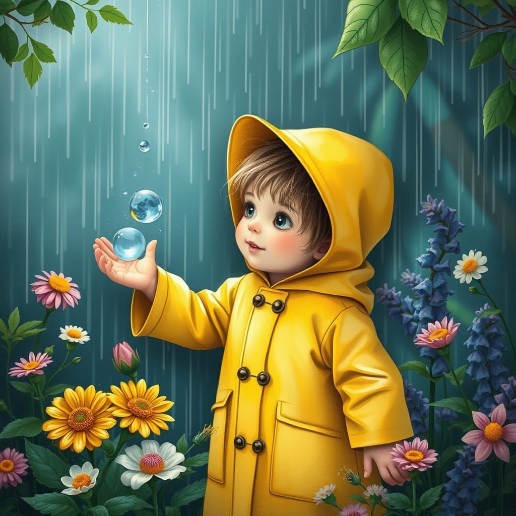 Whimsical Child Catches Raindrop in Vibrant Garden Scene