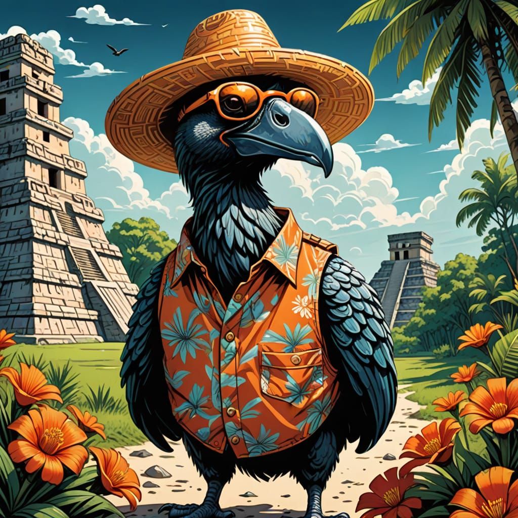 Cheerful Dodo Bird Vacationing at Chichen Itza