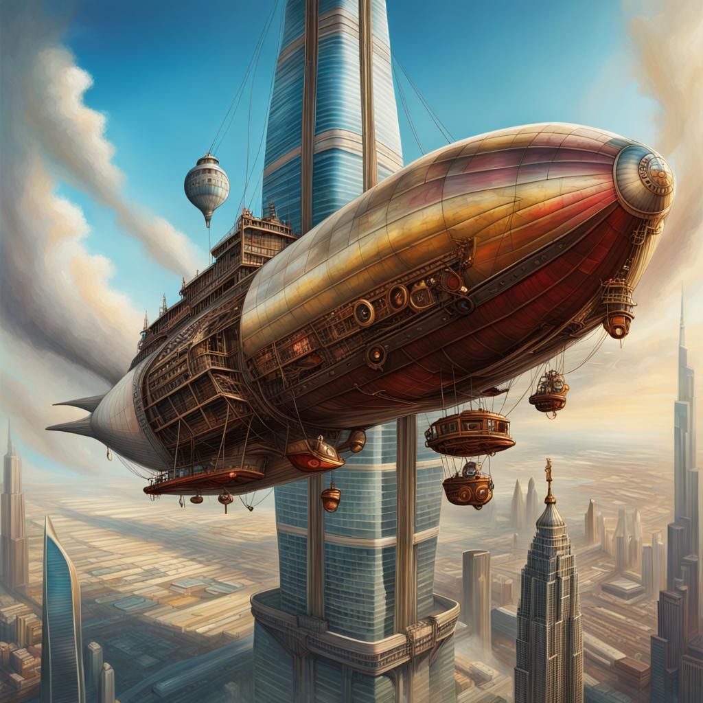 Steampunk Airship Moored to Burj Khalifa: Hyperrealistic Art
