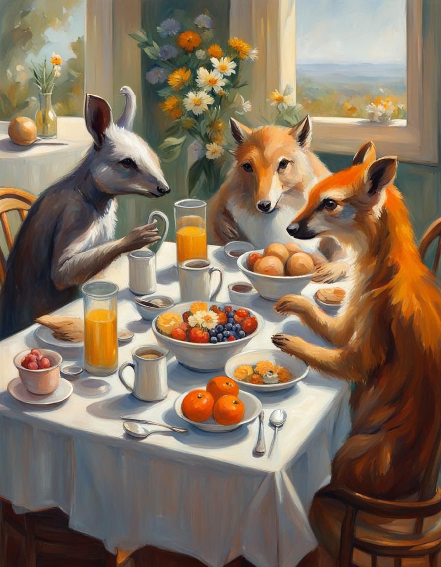 Cute Animals Breakfast, Oil Painting Illustration