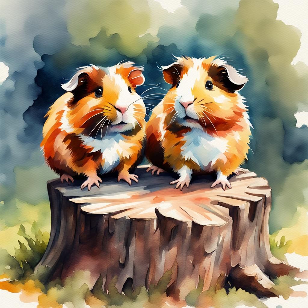Guinea Pigs on Stump in Watercolor Gouache Style