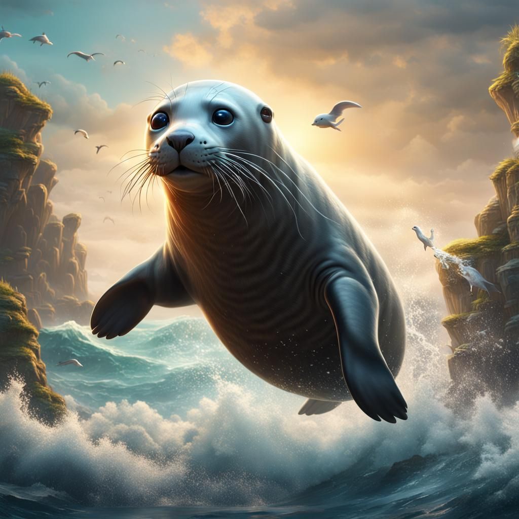 Cute Seal Jumping: Detailed Matte Painting