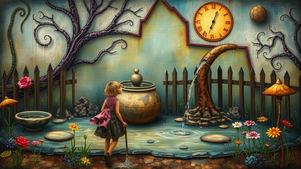 Elvish Wanderer in Surreal Garden with Water Fountain