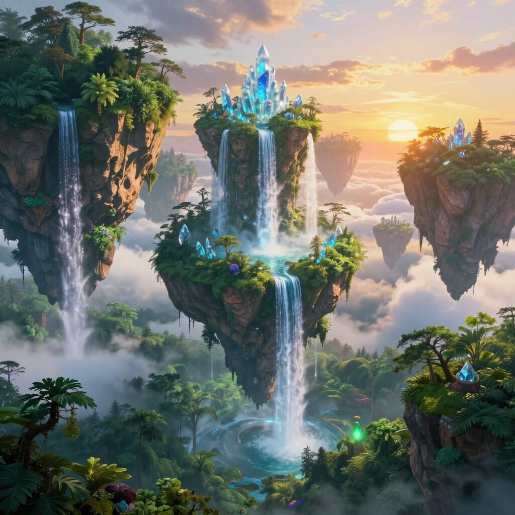 Fantasy Floating Islands Above Emerald Forest at Sunrise