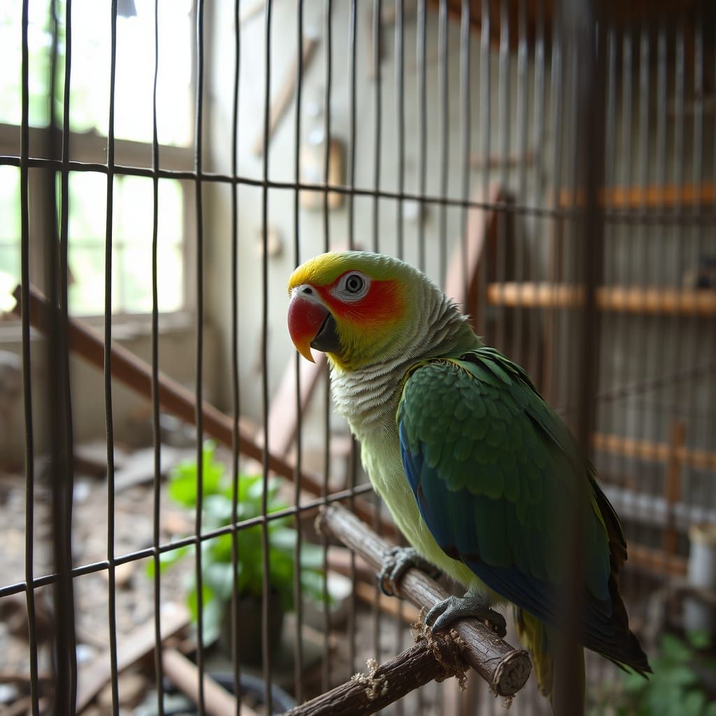 Parrot in Cage Inside Ruined House