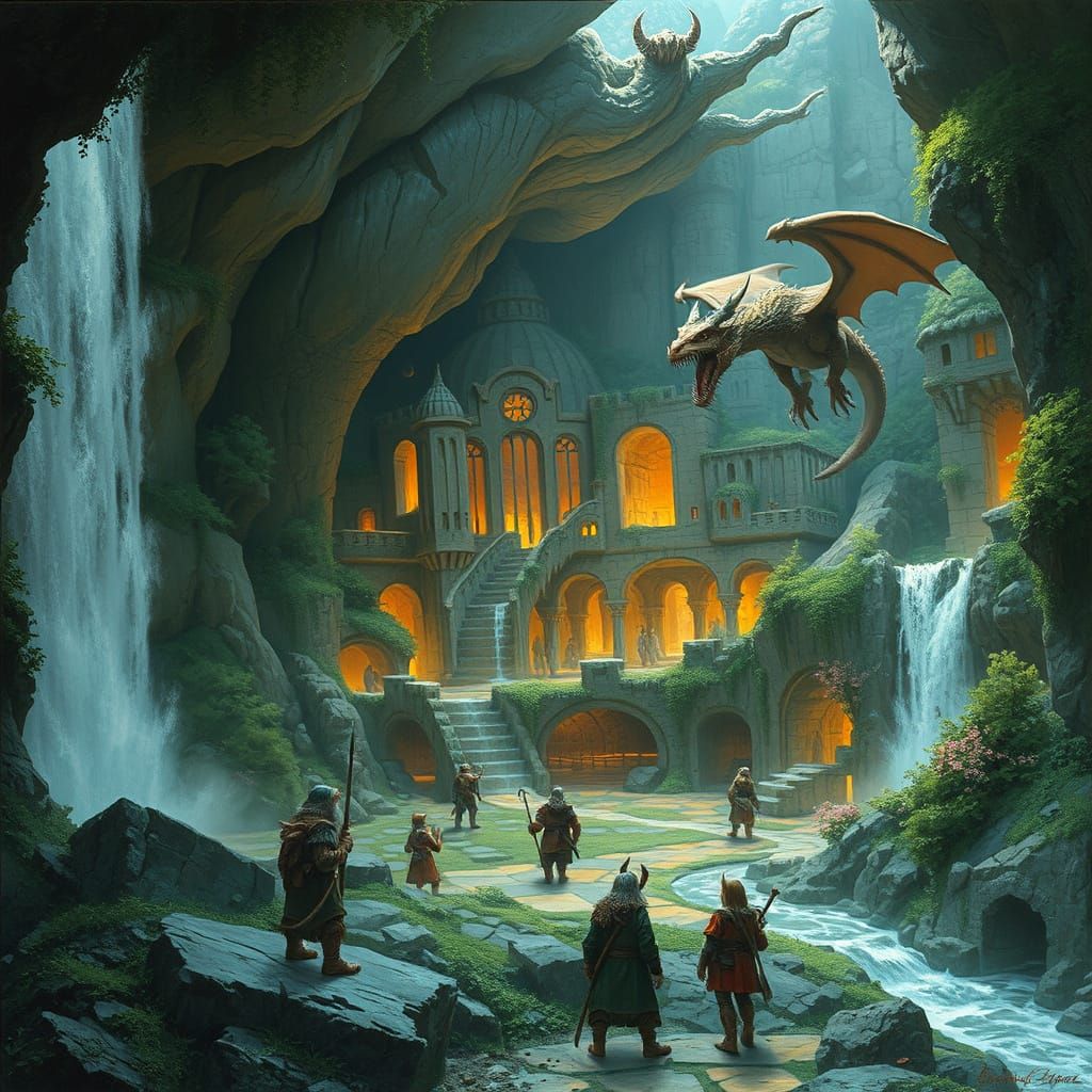Dwarven and Elven Underground City with Dragon