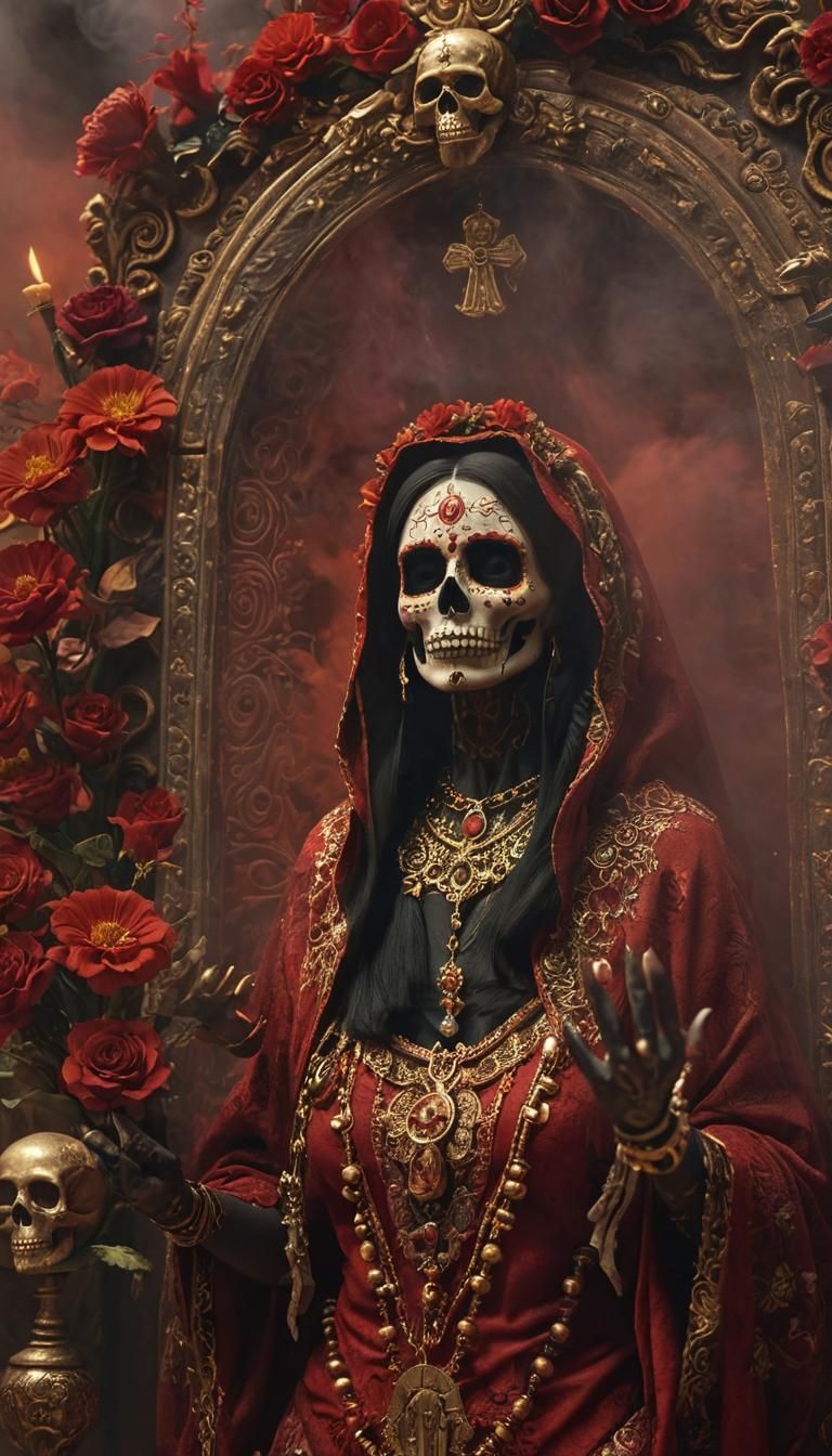 Red Smoke Shrouded Santa Muerte Altar in Folk Art