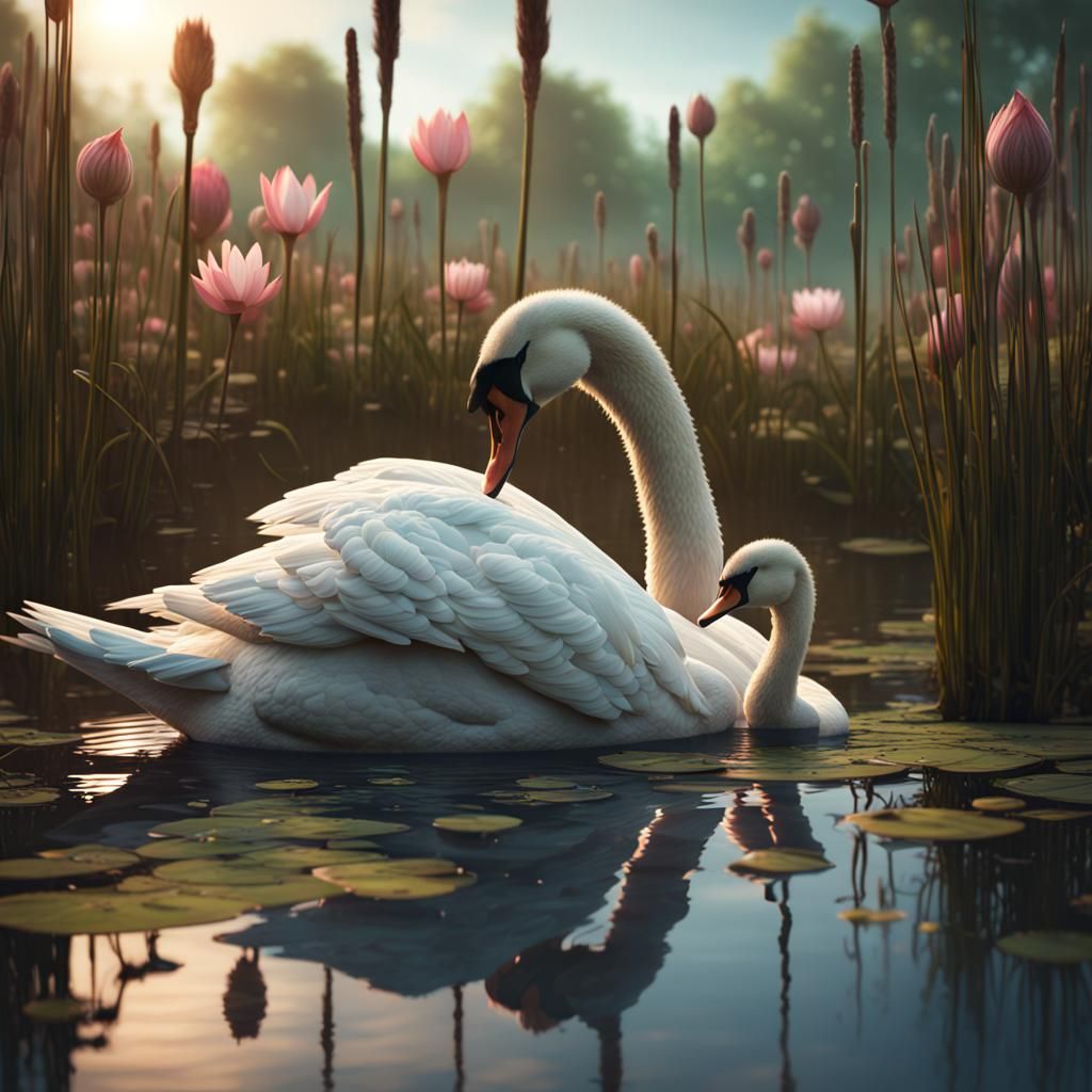 Swan Family in Lotus Flower Lake: Fantasy Art