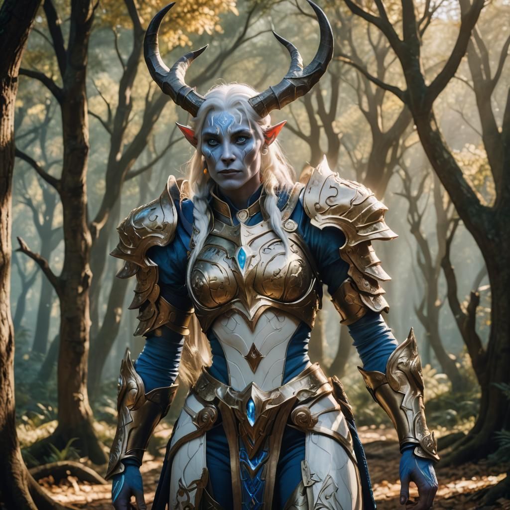 Regal Draenei Warrior in Ivory White Armor, Standing in Elwy...