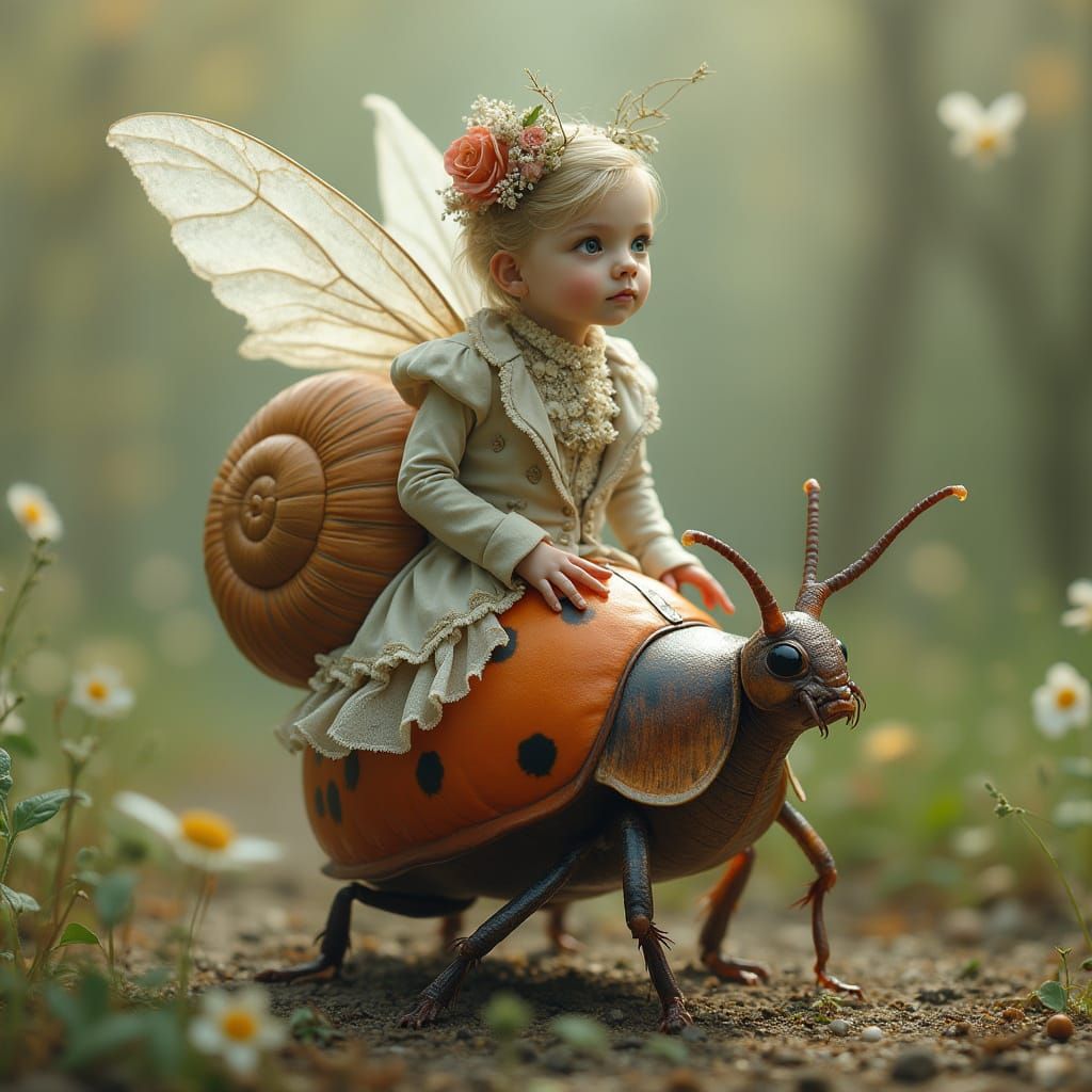 Victorian Snail Rides Ladybug in Ethereal Light