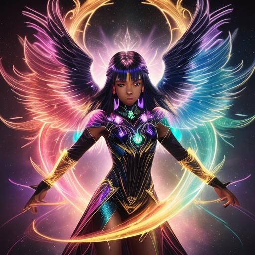 Celestial Black Female Angel with Flaming Sword