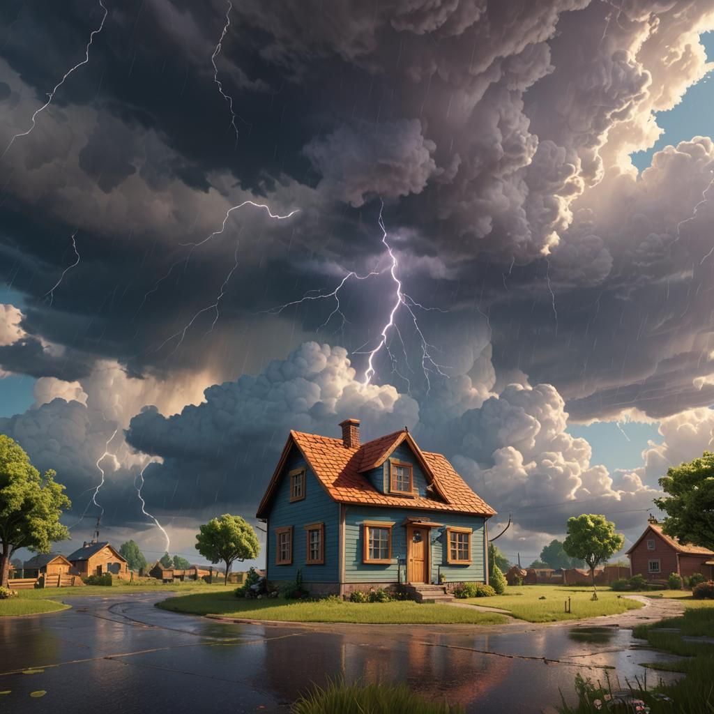 Pixar-Style Thunderstorm Over Sunny House