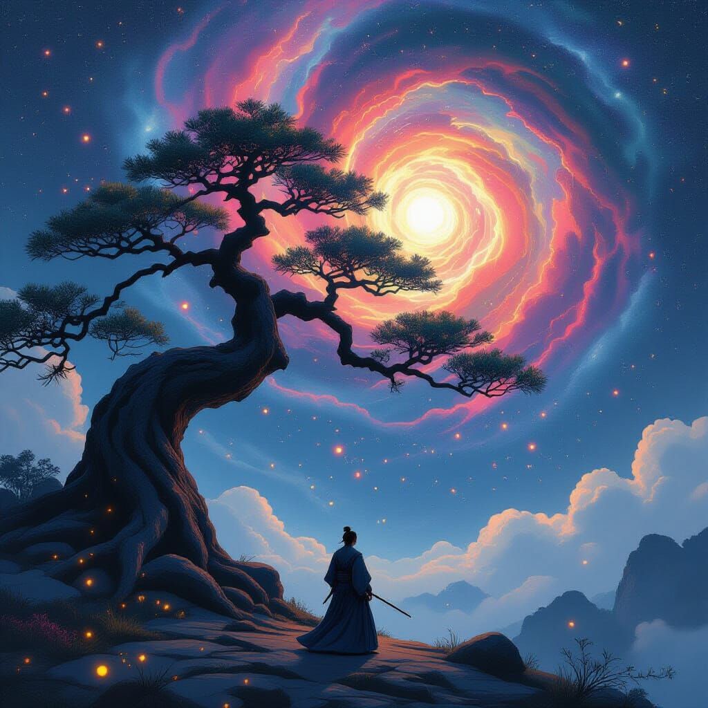 Samurai Meditating Under Cosmic Bonsai, Digital Painting