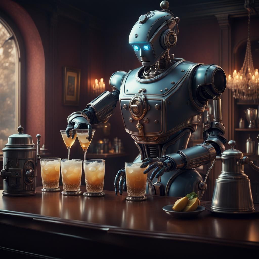 Robot Butler Serving Drinks: Cinematic Digital Art