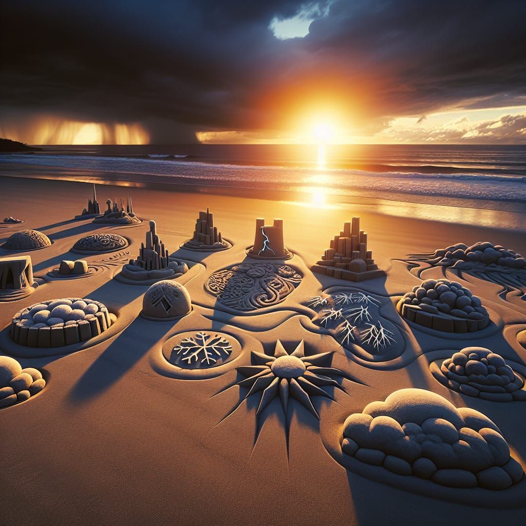 Weather Sand Sculptures on a Beach at Sunset