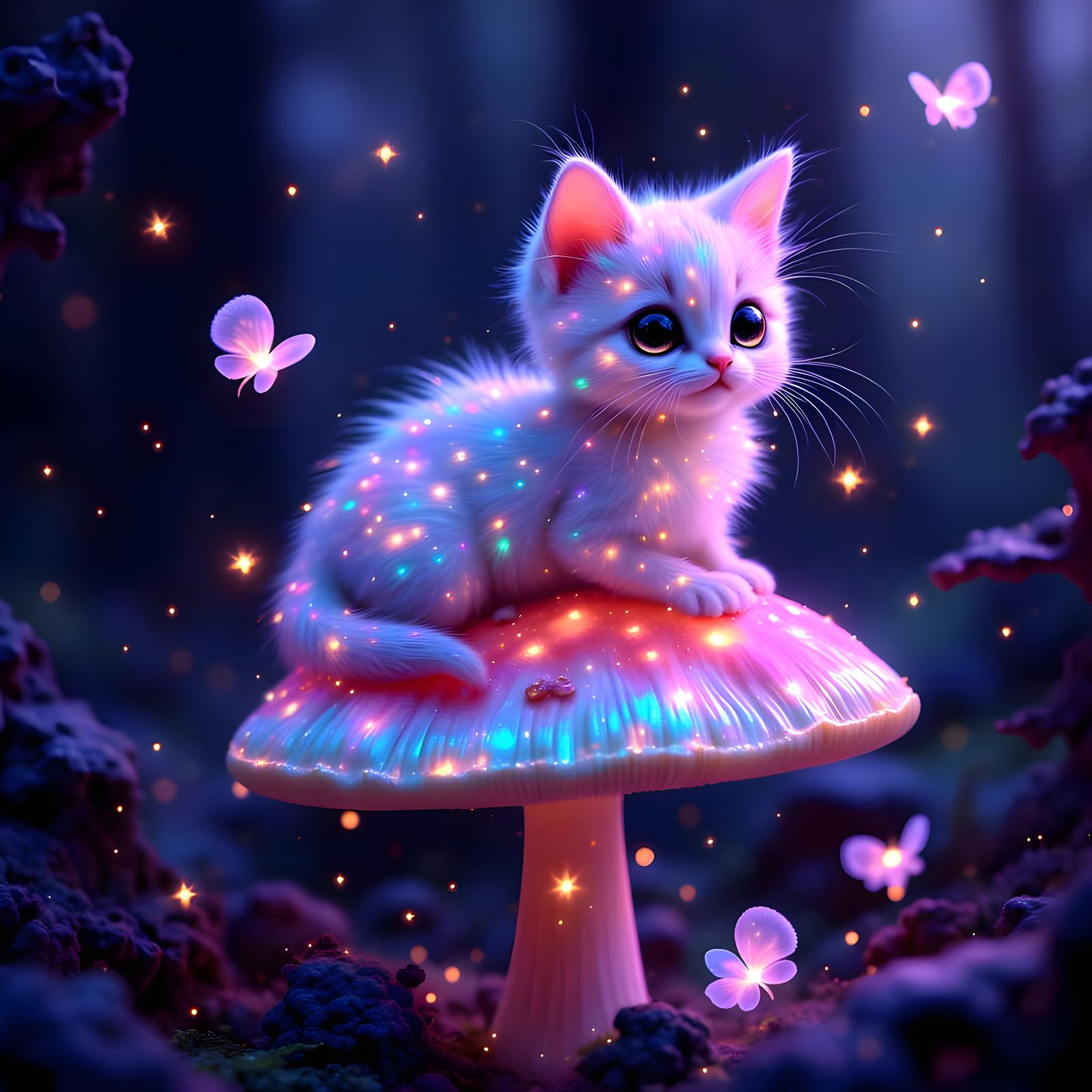 Adorable Fluffy Kitten on Mushroom with Holographic Glow