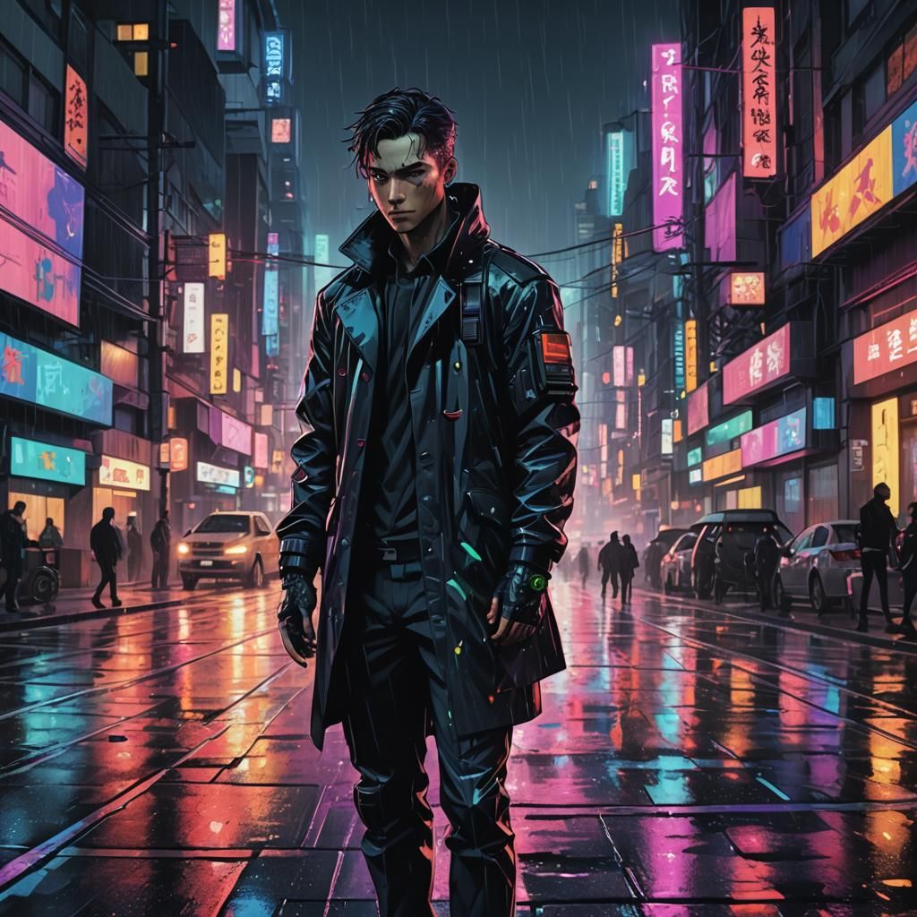 Cyberpunk Anime Man in Rainy City Street