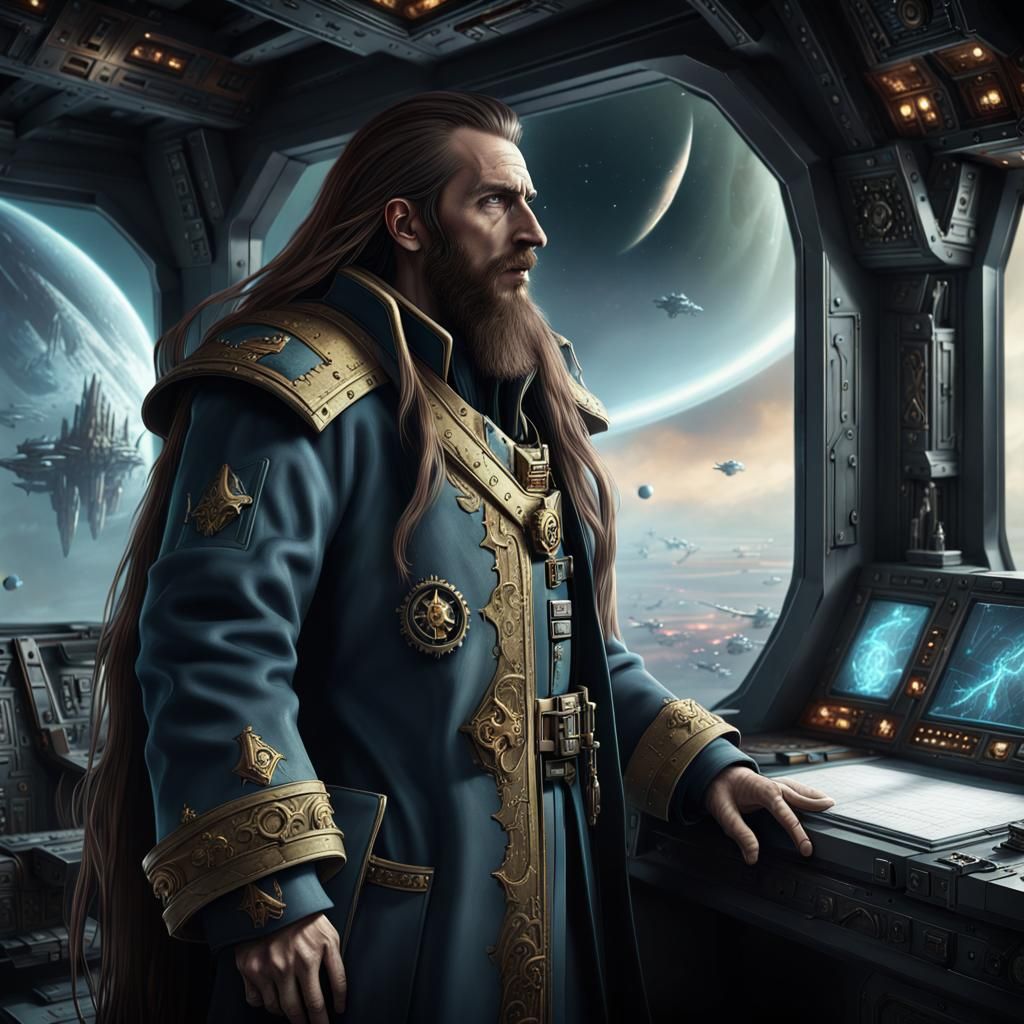 Cyberpunk Rogue Trader Gazing at Distant Spaceships