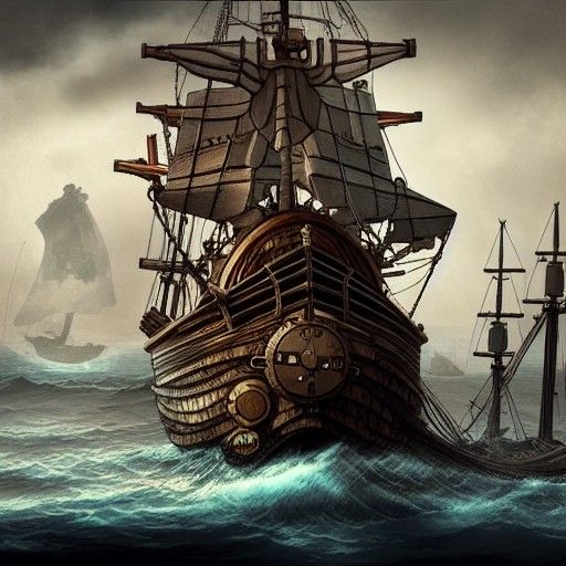 Roman Warship in Steampunk Kingdom, Ghibli-Inspired Illustra...