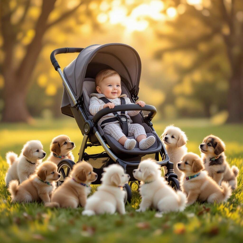 Baby and Puppies in Park, Whimsical Digital Painting