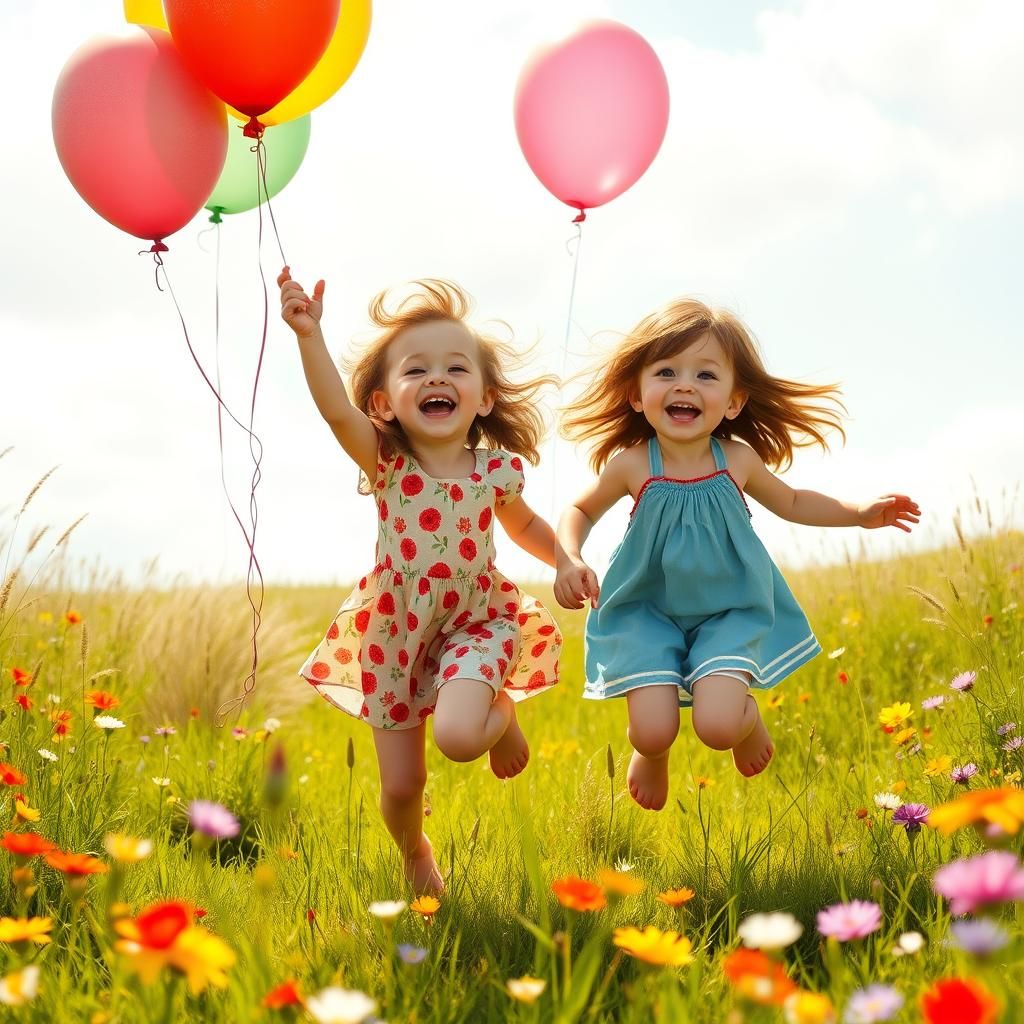 Children's Joyful Play in Summer Meadow, Painterly Style