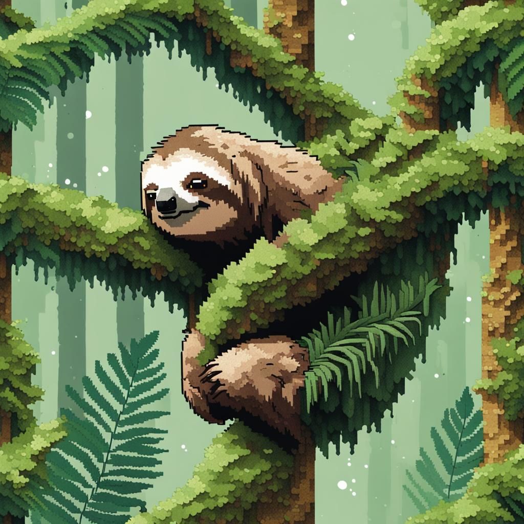 Pixelated Sloth in Jungle Tree Digital Art