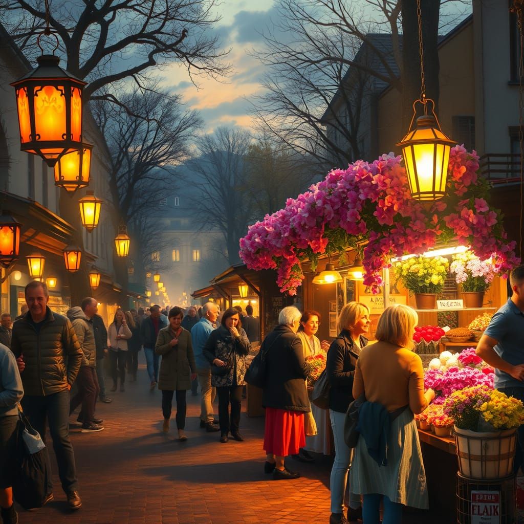 Vibrant Evening Market Scene in Whimsical Style