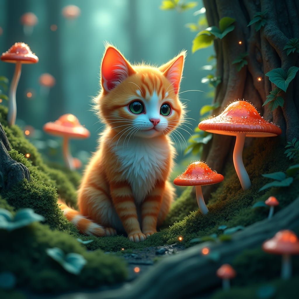 Mystical Cat in Dreamlike Forest, Fantasy Concept Art