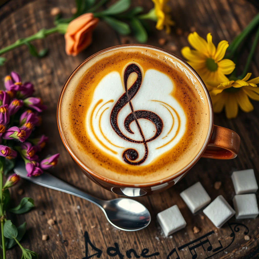 Warm Latte Art on a Wooden Table amidst Fresh Flowers