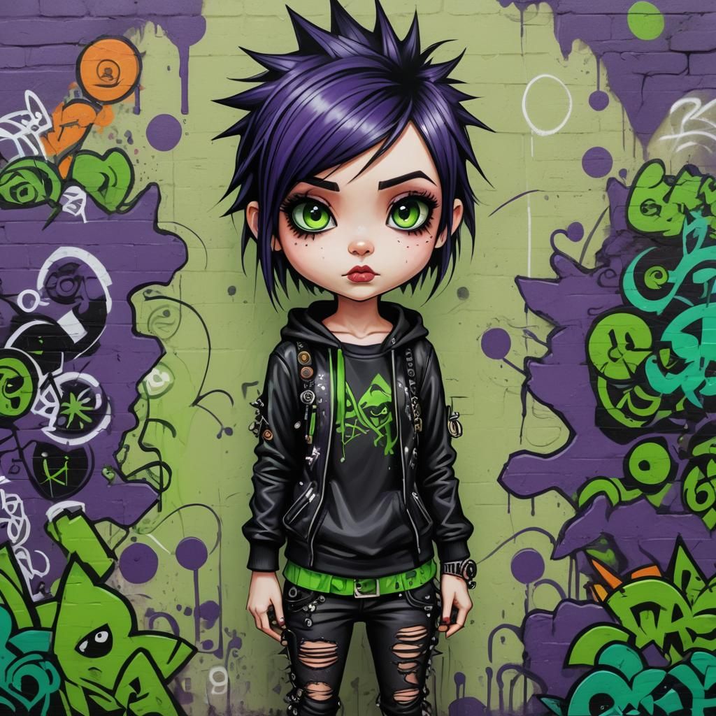 Adorable Chibi Goth Punk Girl Graffiti Art