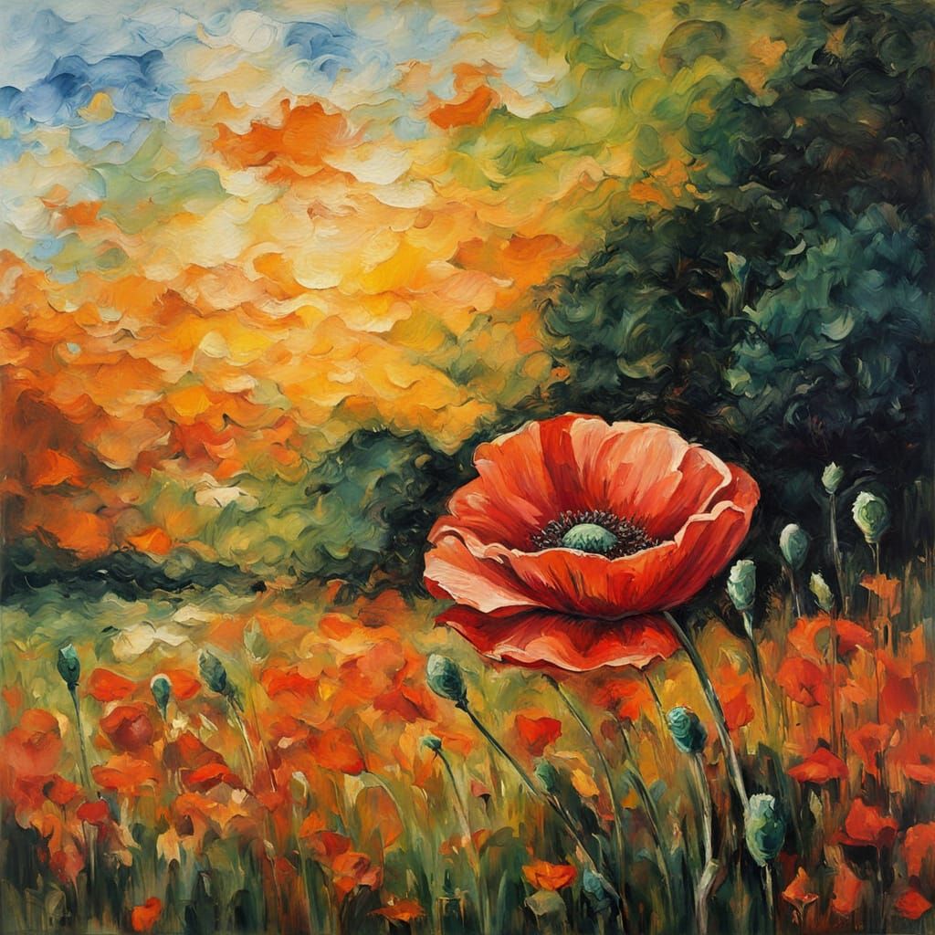 Impasto Red Poppy in Green Field: Vibrant Impressionist Mast...