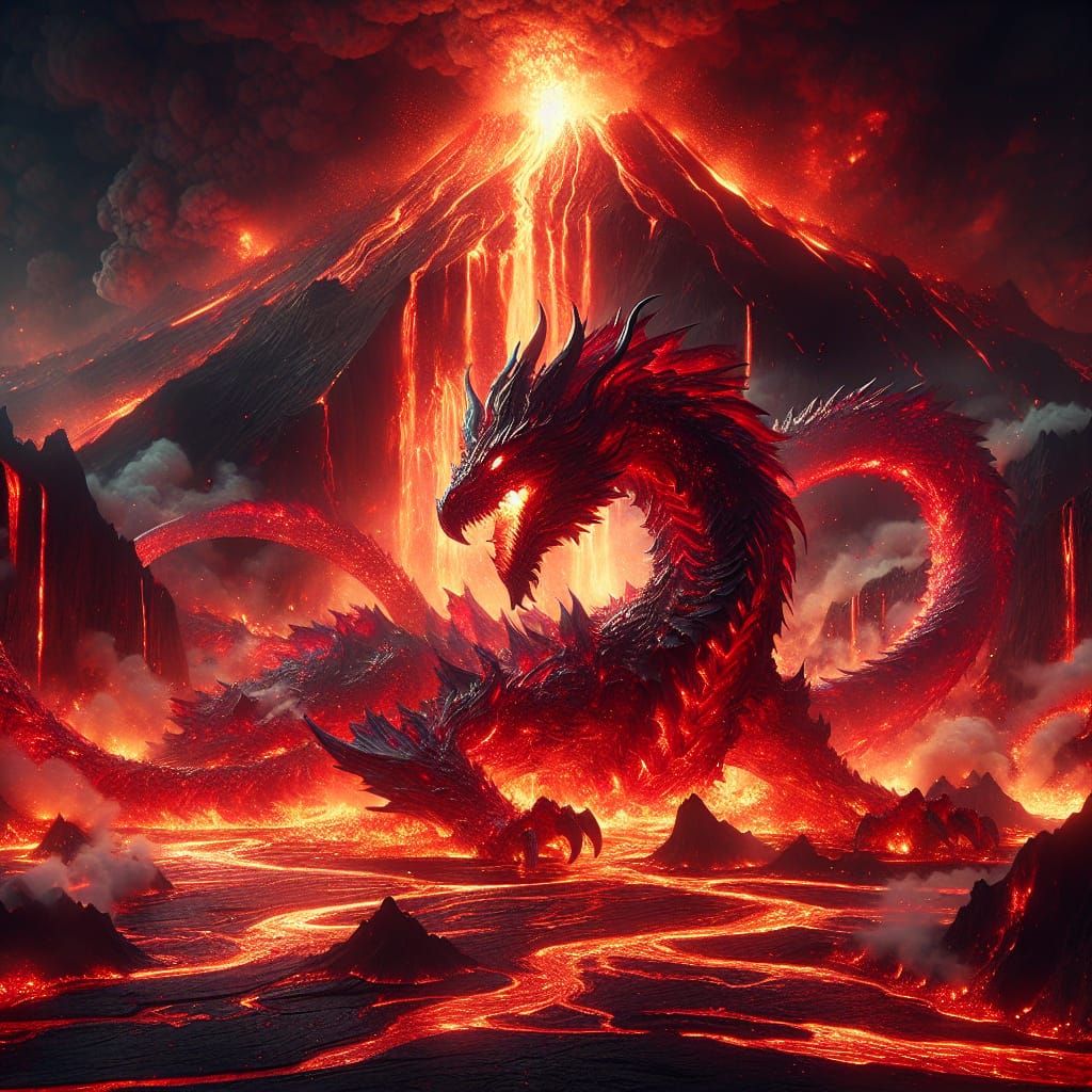 Extremely detailed Red dragon emerging from a volcanoes lava