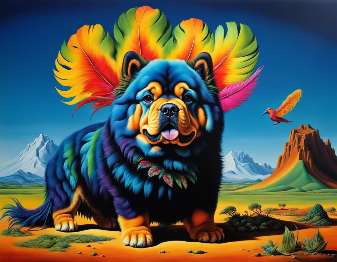 Surreal Jurassic Chow-Chow Dog in Vivid Colors