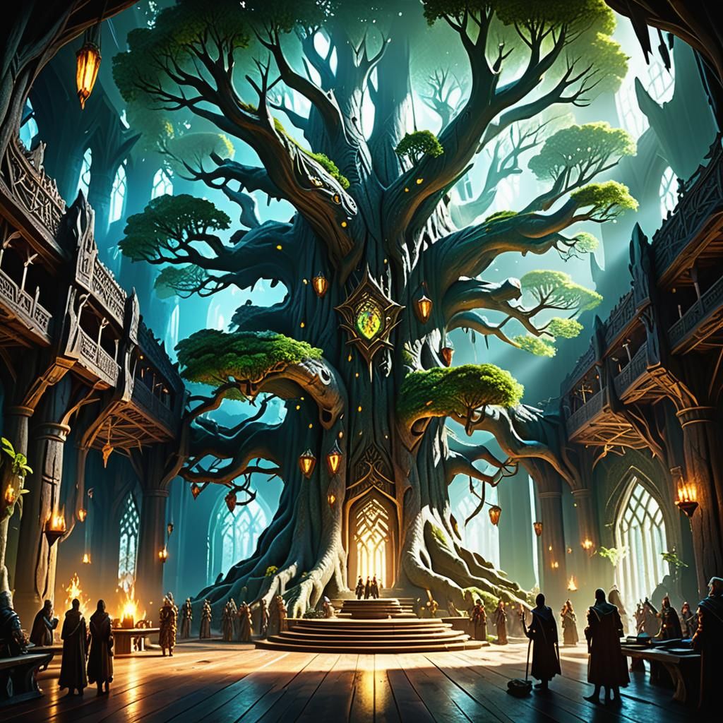 Elven Council in a Great Tree Hall: Dark Fantasy Art