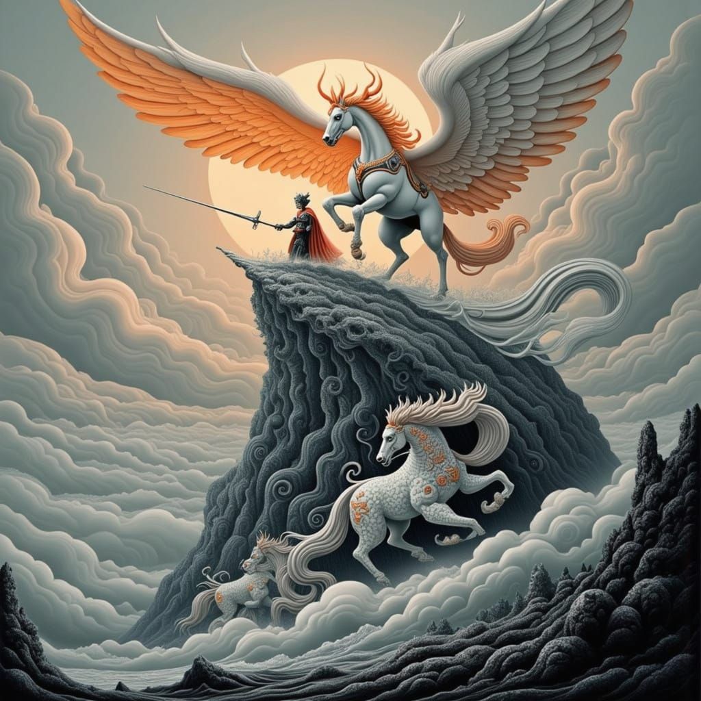 Epic Knight Battle Against Winged Beasts on Mountain Peak