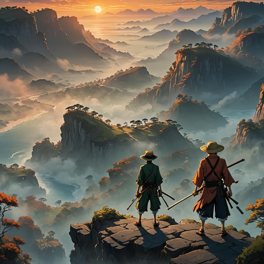 Heroic Anime Duo on Misty Cliff at Sunset