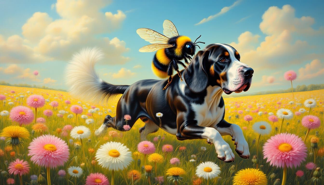 Psychedelic Bee Rides Great Dane Through Floral Field
