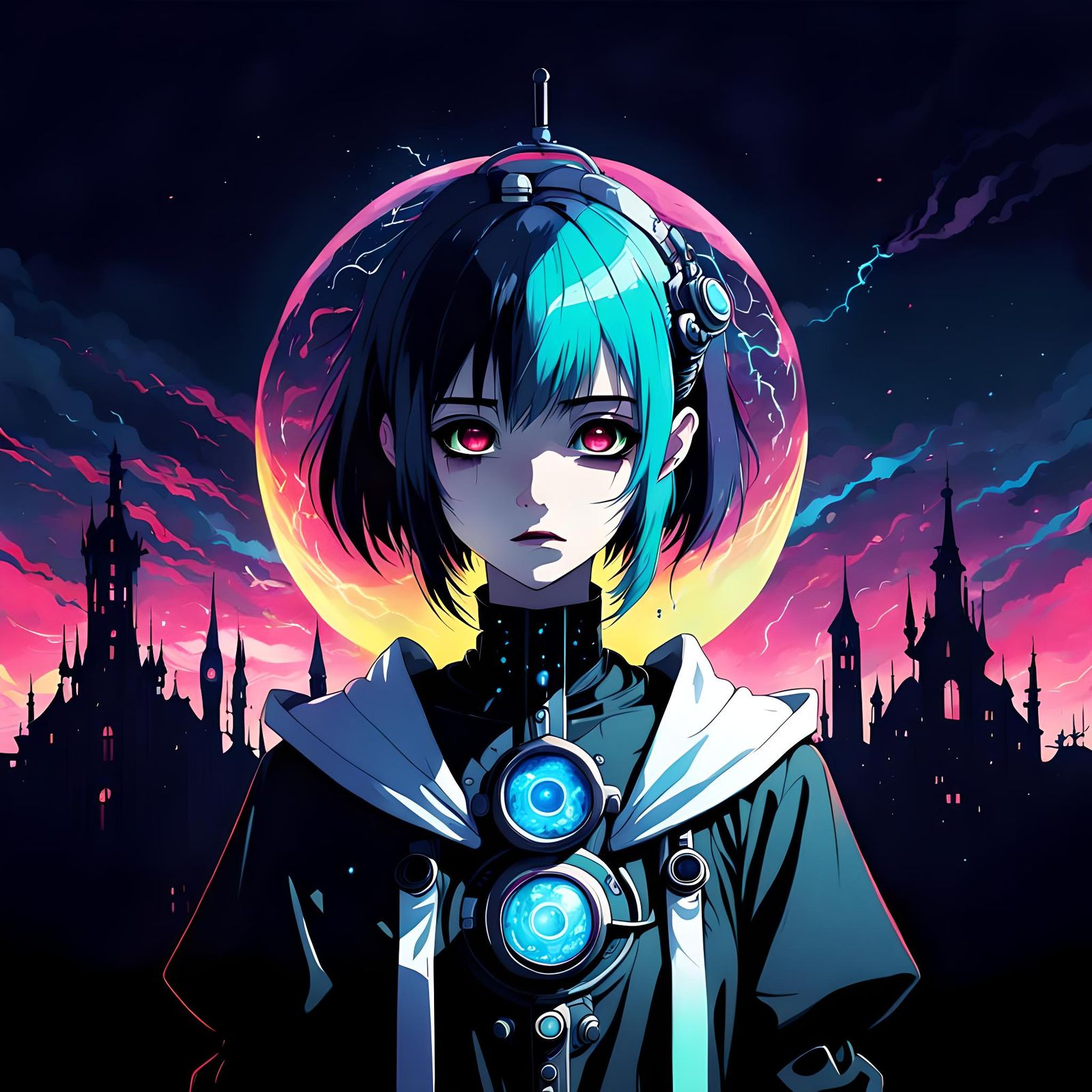 Mysterious Anime Figure in Gothic Retrowave Style