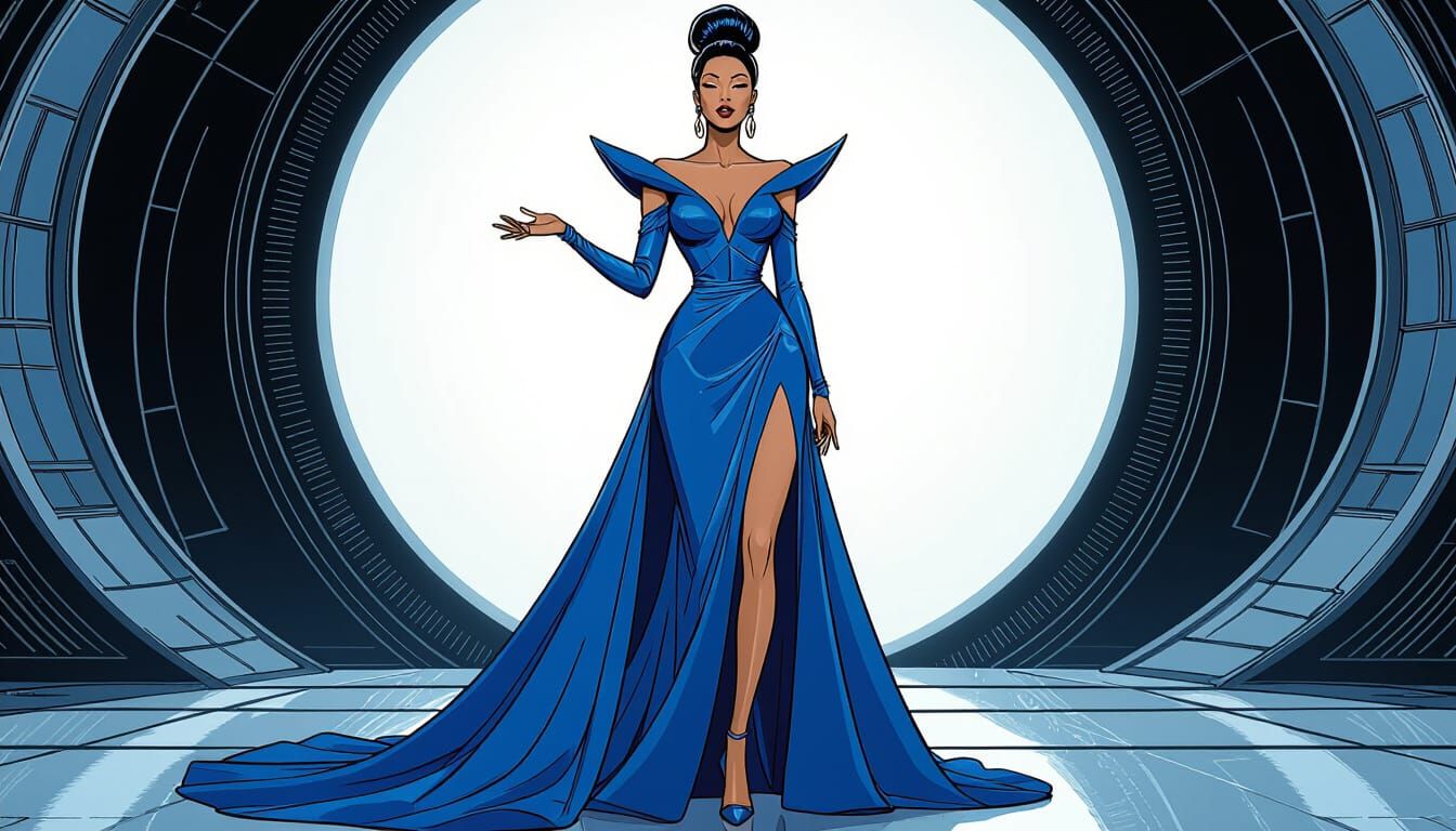 Futuristic Diva in Iridescent Blue Gown Sings with Distress