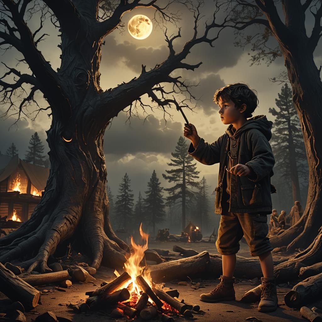 Savage Child Devouring Arm by Campfire