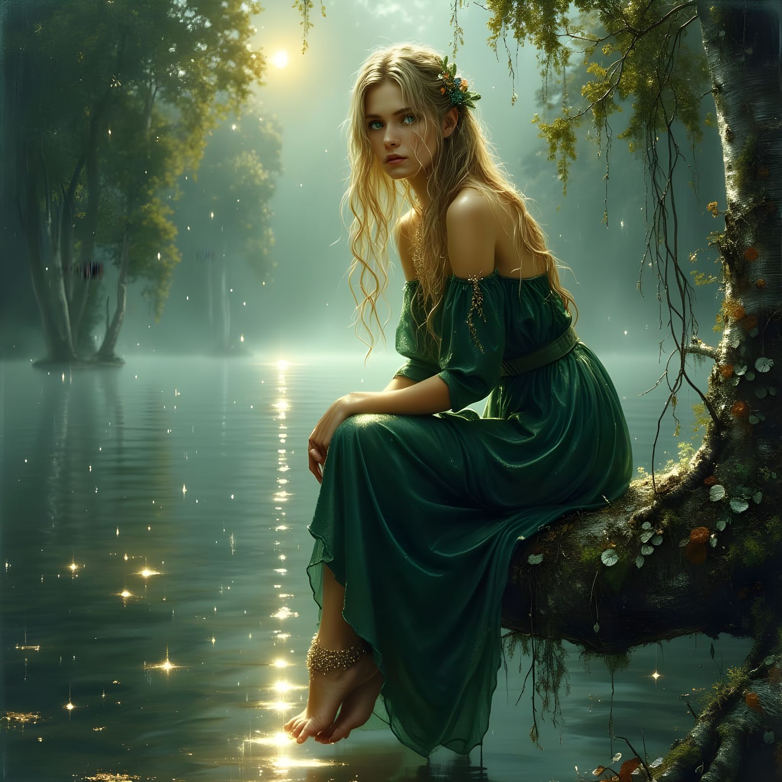 Norse Goddess Freyja by Misty Lake, Moonlight Portrait