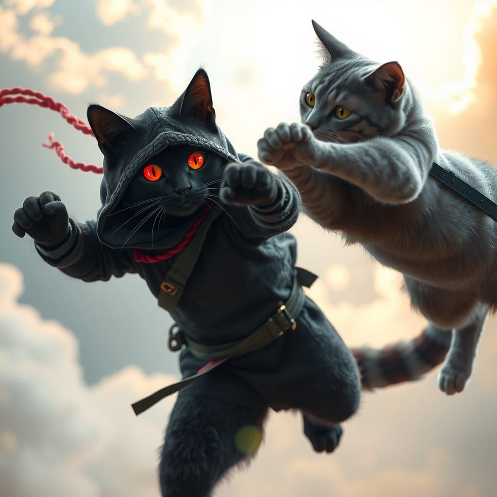 Mythical Ninja Cats Duel in Chinese Landscape