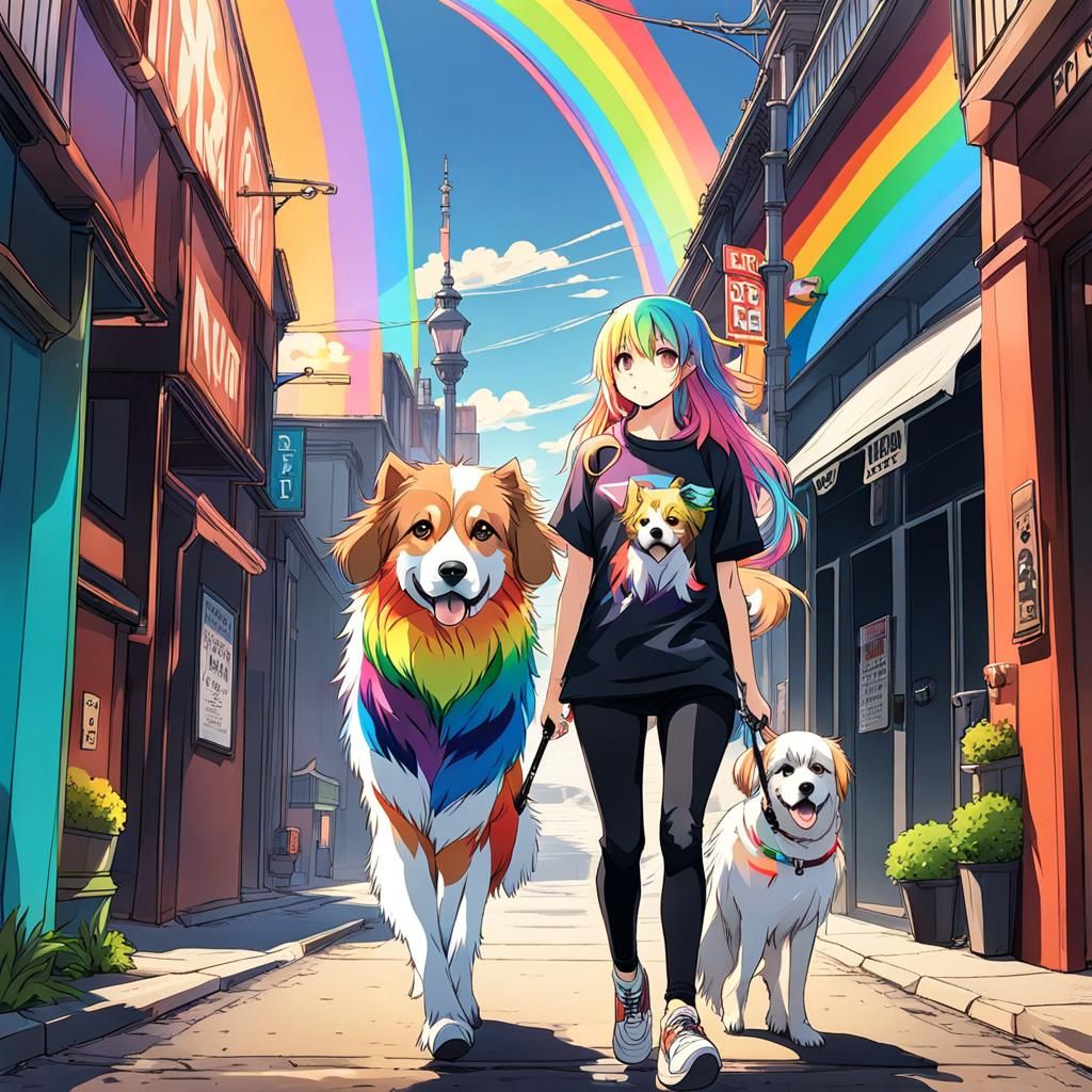 Anime Girl Walking a Rainbow Dog