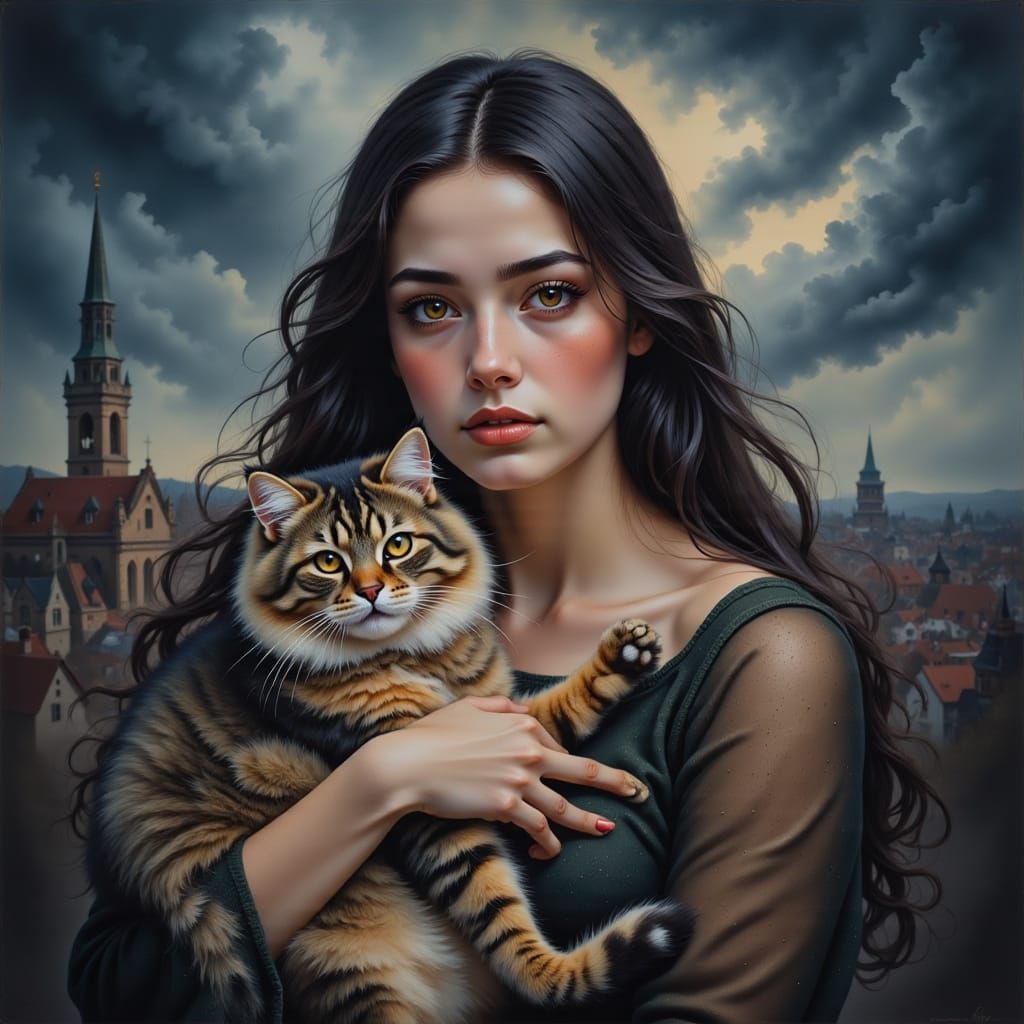 Young Woman with Cat in Mysterious Town Scene