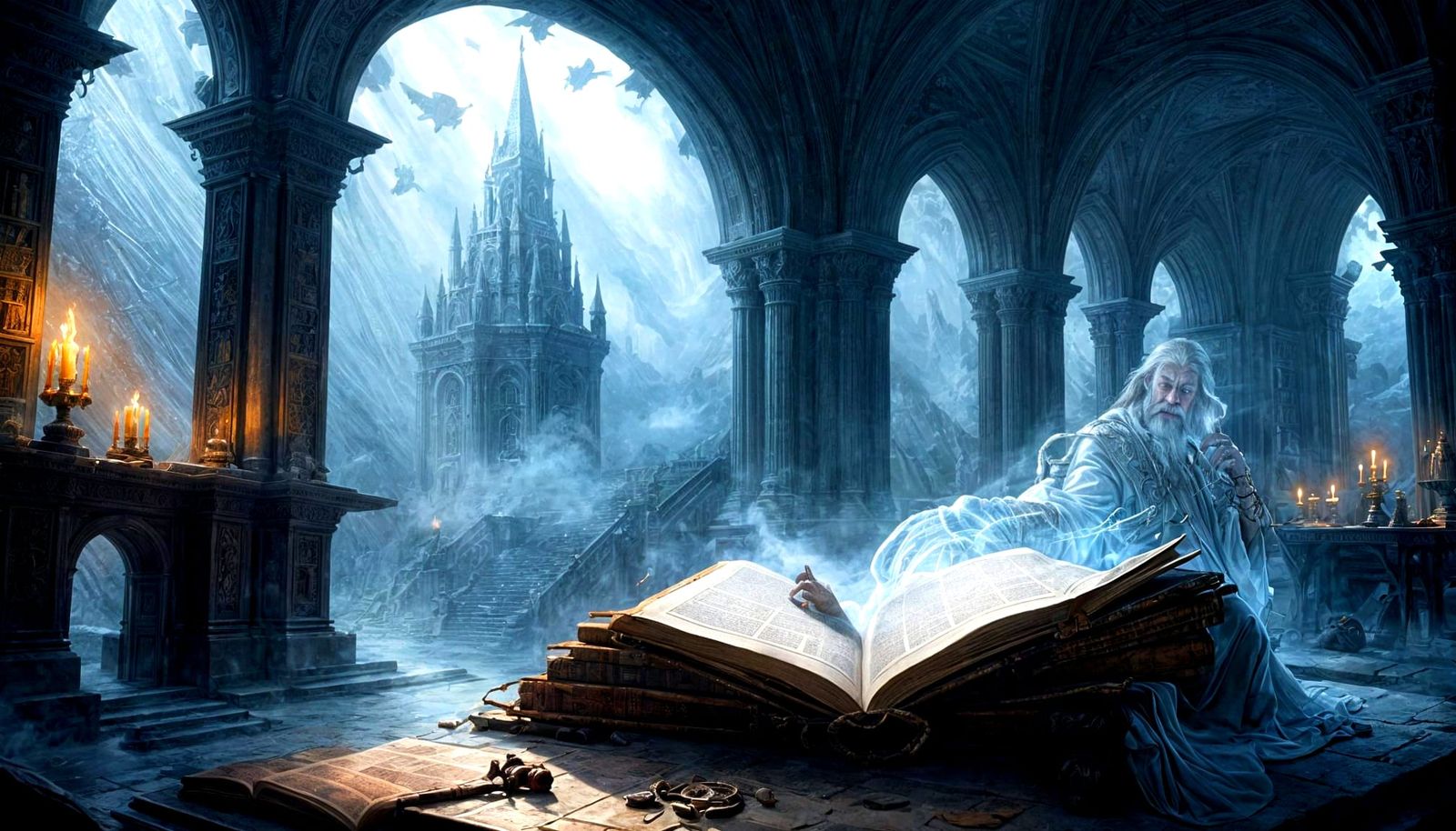 White Wizard Reads Ancient Scroll in Mystical Library