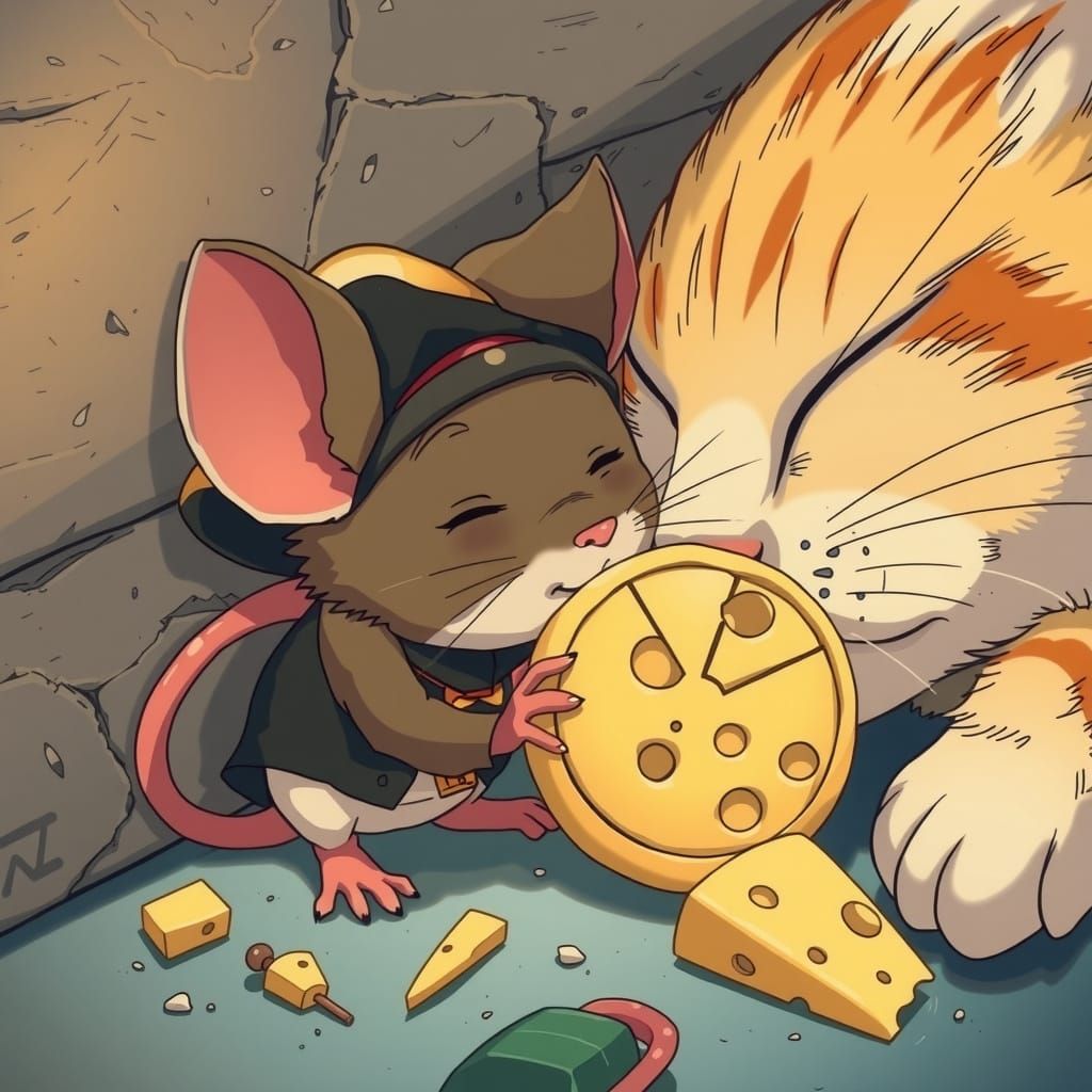Whimsical Pirate Mouse Steals Cheese from Sleeping Feline