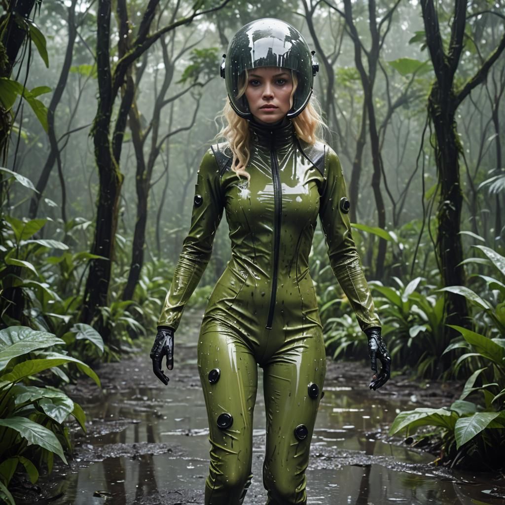 Futuristic Woman Navigating Slimy Jungle Rain