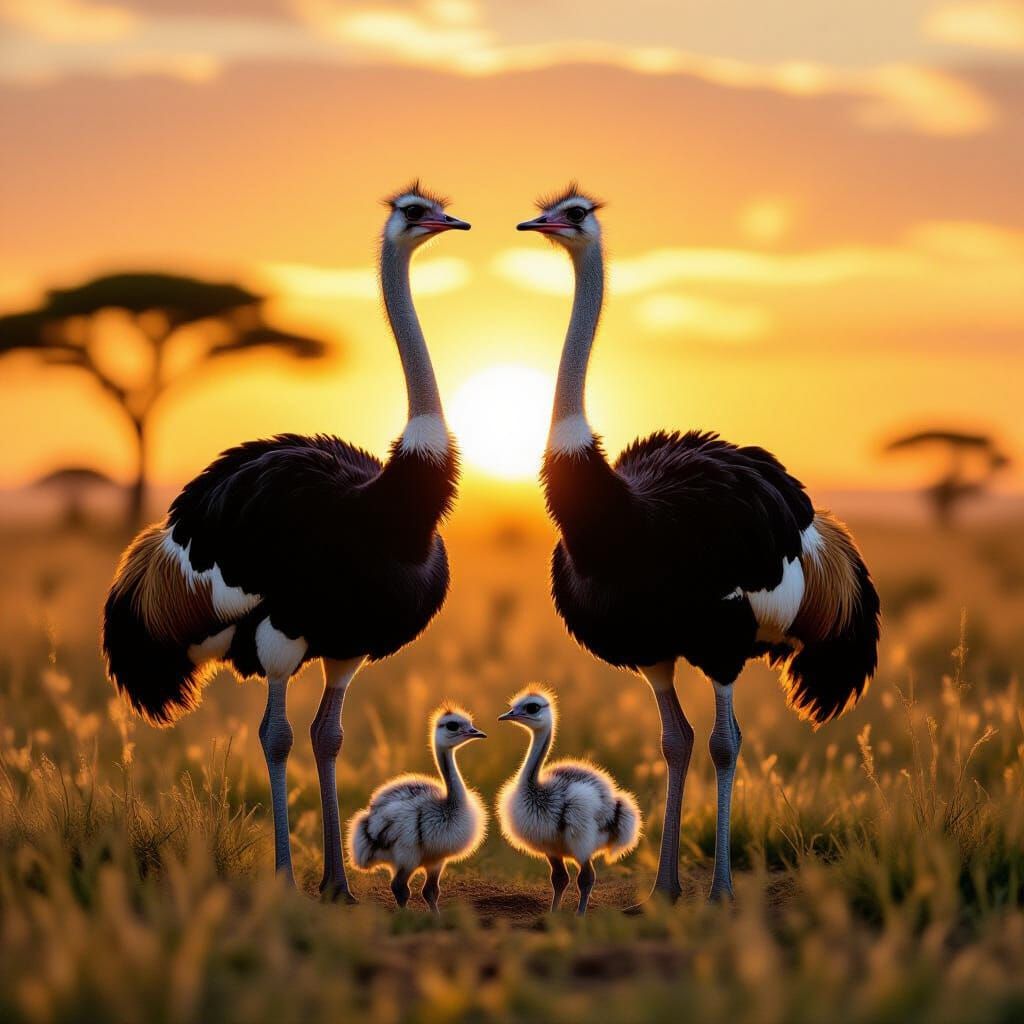 Elegant Ostrich Family in Serene Savanna at Dawn